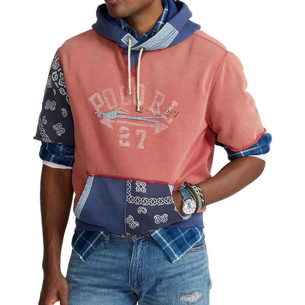 Polo Ralph Lauren Men Paisley Bandana Patchwork Short Sleeve Fleece Hoodie XL